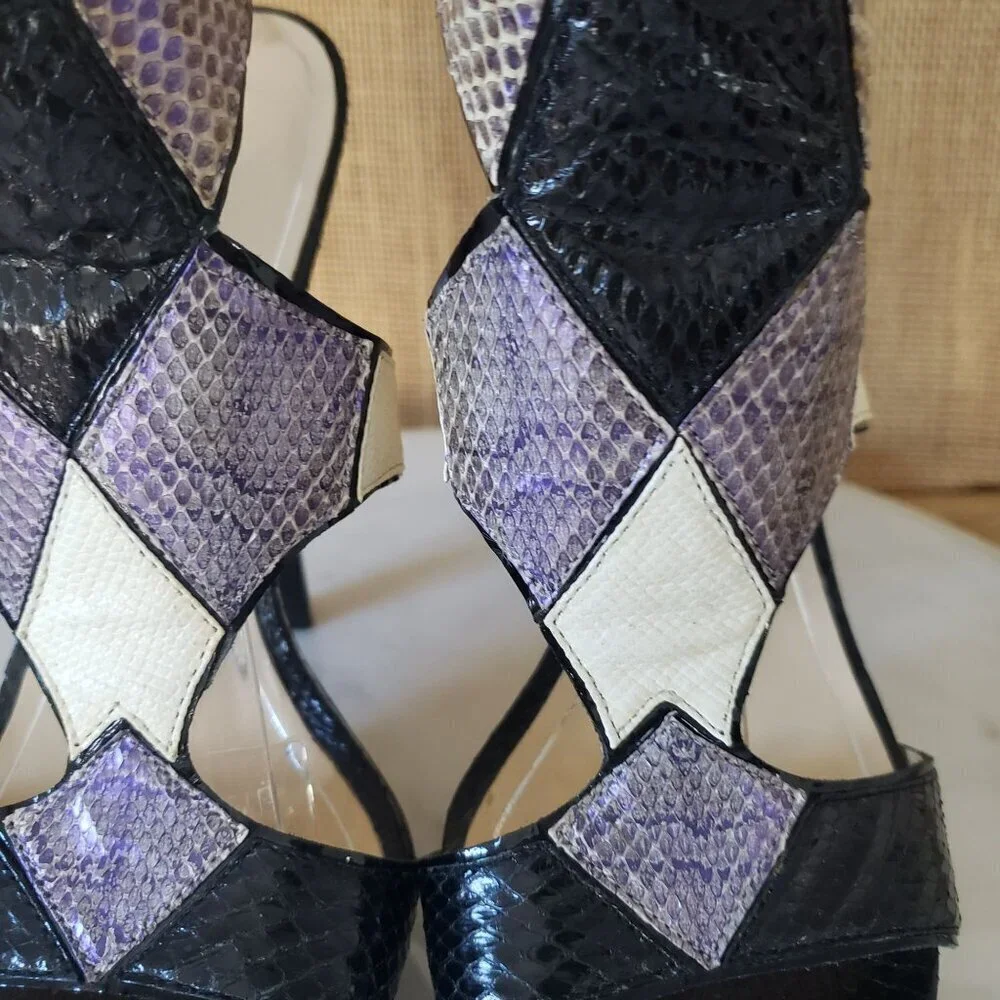 Vintage Charles Jourdan Black White Purple Iridescent Snakeskin Stiletto Heels 7